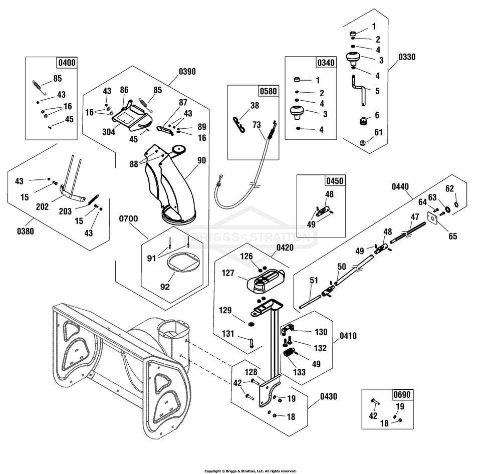Discharge Chute Group Diagram and Parts List for 1696616-04 2017 Briggs and Stratton Snow Blower